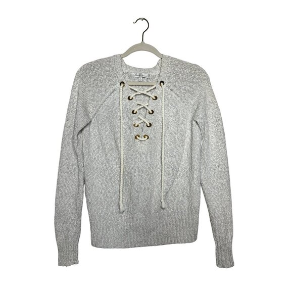 Lovers + Friends Tie Up Yacht Sweater Size Small White Gray 100% Cotton Lace-up - Picture 2 of 8
